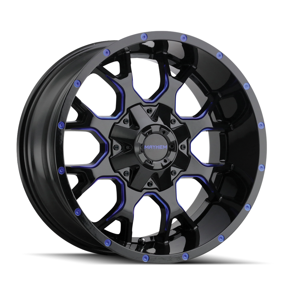 MAYHEM WARRIOR 8015 GLOSS BLACK MILLED PRISM BLUE 20X10 6-135/6-139.7 -25MM 106MM