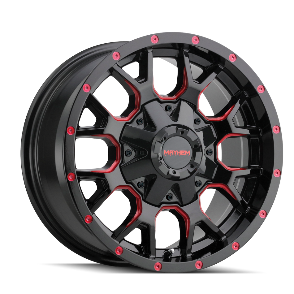MAYHEM WARRIOR 8015 GLOSS BLACK MILLED PRISM RED 18X9 8-180 18MM 124.1MM