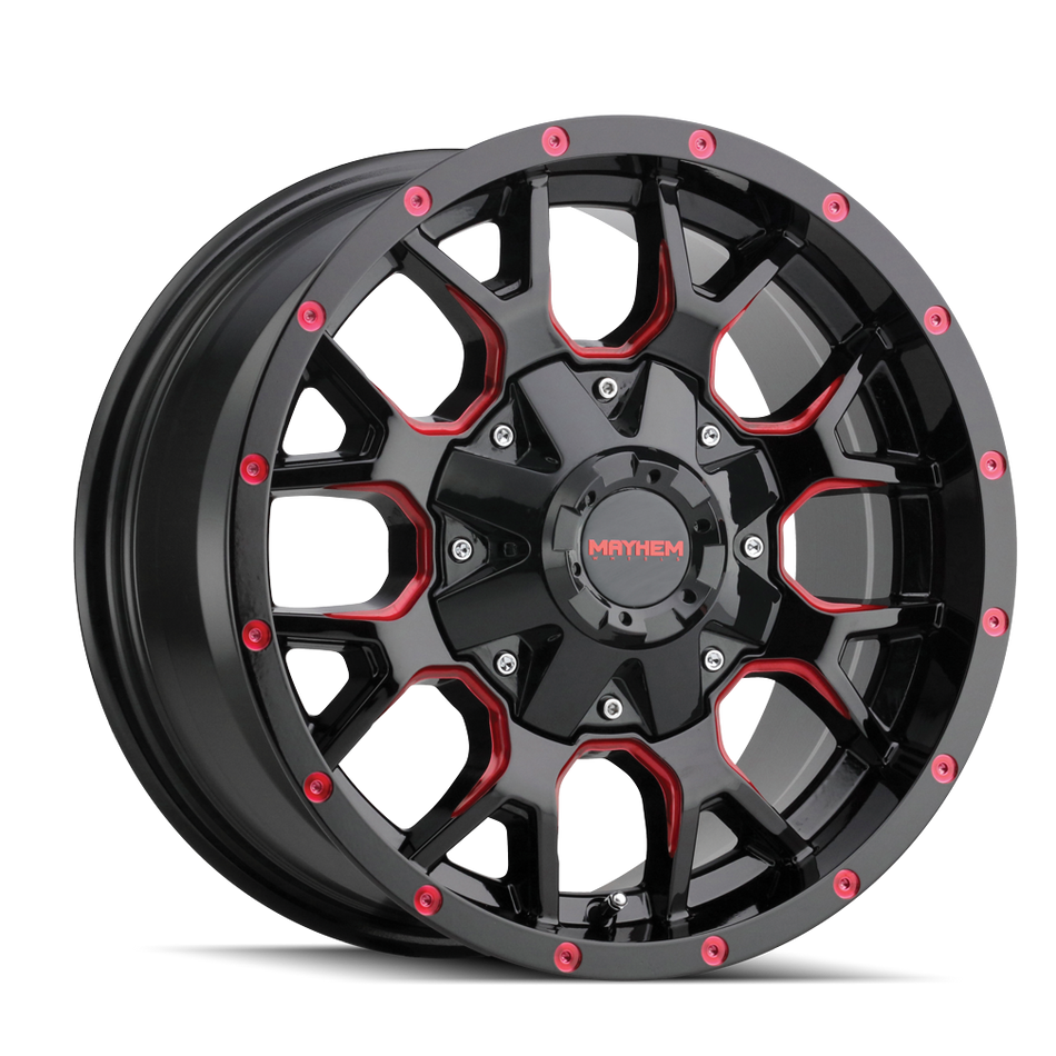 MAYHEM WARRIOR 8015 GLOSS BLACK MILLED PRISM RED 17X9 5-127/5-139.7 18MM 87MM