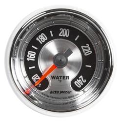 Gauge, American Muscle, Water Temperature, 120-240 degrees F, 2 1/16 in., Silver Face, Analog, Mechanical, Each