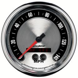 Gauge, American Muscle, Speedometer, 5 in., 0-140 mph, Full Sweep, Silver Face, Red Pointer, Chrome Bezel, GPS, Electrical, Each