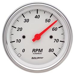 Tachometer, Arctic White, 0-8,000 rpm, 3 3/8 in., Analog, Electrical, Each