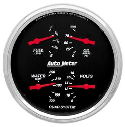 Gauges, Designer Black, Fuel Level, Oil Pressure, Voltmeter, Water Temperature, 3 3/8 in., Analog, Electrical