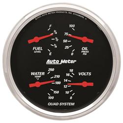 Gauge, Designer Black, Quad, Water Temperature, Oil Pressure, Fuel Level, Voltmeter, 5 in., Analog, Electronic, Kit