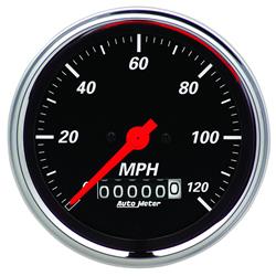 Gauge, Designer Black, Speedometer, 0-120 mph, 3 3/8 in., Black Face, Analog, Electrical, Each