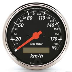 Gauge, Designer Black, Speedometer, 3 3/8 in., 0-190 kph, Full Sweep, Black Face, Red Pointer, Chrome Bezel, Electrical, Each