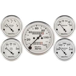 Gauge Kit, Analog, Old Tyme White, Speedometer, Water Temperature, Fuel Level, Voltmeter, Oil Pressure, Kit
