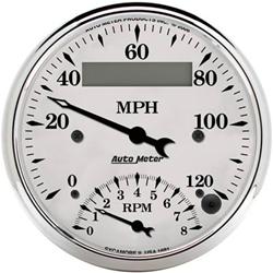 Combo Gauge, Speedometer, Tachometer, Old Tyme White, Analog, 3 3/8 in., 120 mph, 8,000 rpm, Each