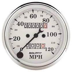 Speedometer, Old Tyme White Series, 0-120 mph, 3 1/8 in., Analog, Mechanical, Each