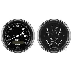 Gauge Kits, Old Tyme Black Series Analog, 2-piece, Speedometer and Quad Gauge, Black Face, Chrome Bezel, 3 3/8 in. Diameter, Illuminated, Kit