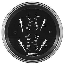 Gauge Kits, Old Tyme Black Series Analog, Quad Gauge, Fuel Level, Oil Press., Volts, Water Temp., Chrome Bezel, 3 3/8 in. Diameter, Illuminated, Kit