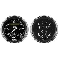 Gauge Kits, Old Tyme Black Series Analog, 2-piece, Speedometer/Tach Gauge, Fuel Level/Oil Press./Volts/Water Temp. Quad Gauge, 3 3/8 in. Diameter, Kit