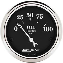 Gauge, Old Tyme Black, Oil Pressure, 0-100 psi, 2 1/16 in., Analog, Electrical, Black Face, Each