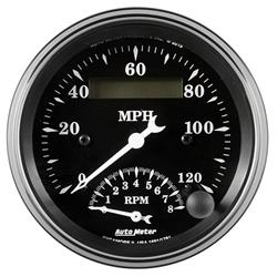 Gauge Kits, Old Tyme Black Series Analog, Dual Gauge, 0-120 mph Speedometer, 0-8,000 rpm Tachometer, 3 3/8 in. Diameter, Black Face, Chrome Bezel, Kit