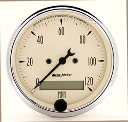 Gauge, Antique Beige, Speedometer, 3 3/8 in., 0-190 kph, Full Sweep, Beige Face, Black Pointer, Chrome Bezel, Electrical, Each