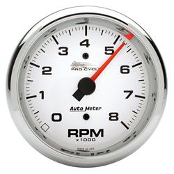 Gauge, Pro-Cycle, Tachometer, 3 3/8 in., 0-8,000 rpm, Full Sweep, White Face, Red Pointer, Chrome Bezel, Electrical, Each