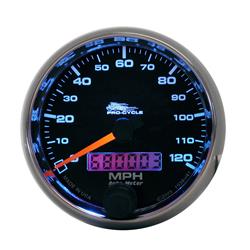 Gauge, Pro-Cycle, Speedometer, 2 5/8 in., 0- 120 mph, Full Sweep, Black Face, Red Pointer, Chrome Bezel, Electrical, Each