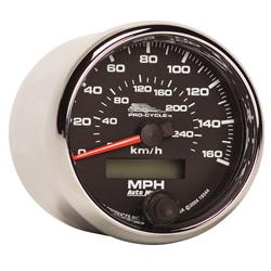 Gauge, Pro-Cycle, Speedometer, 2 5/8 in., 0- 160 mph, Full Sweep, Black Face, Red Pointer, Chrome Bezel, Electrical, Each