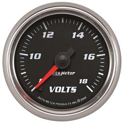 Gauge, Pro-Cycle, Voltmeter, 2 1/16 in., 8-18 Volts, Full Sweep, Black Face, Red Pointer, Polished Bezel, Electrical, Each