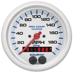 Gauge, Pro-Comp Marine, Speedometer, 3 3/8 in., 0-200 mph, Full Sweep, White Face, Red Pointer, White Bezel, Electrical, GPS, Each