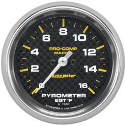Gauge, Pro-Comp Marine, EGT/Pyrometer, 2 5/8 in., 0-1,600 degrees F, Full Sweep, Carbon Fiber Face, Silver Pointer, Silver Bezel, Electrical, Each