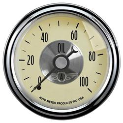 Gauge, Prestige, Oil Pressure, 0-100 psi., 2 1/16 in. Diameter, Ivory Face, Analog, Mechanical, Each