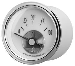 Gauge, Prestige, Oil Pressure, 2 1/16 in., 0-100 psi, Short Sweep, White Face, Black Pointer, Chrome Bezel, Electrical, Each