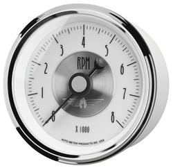 Gauges, Prestige Analog Tachometer, 0-8,000 rpm, 3 3/8 in., White Face, Black Numbers, Chrome Bezel, Electrical, Each