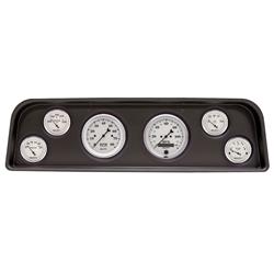 Gauge Kit, Old Tyme White, Analog, Speedometer, Tachometer, Oil, Water, Volts, Fuel, Black Numbers and Pointers, Black Panel, Chevy, Kit