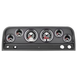 Gauge Kit, American Muscle, Analog, Silver Face, Speedo, Tach, Oil, Water, Volts, Fuel, White Numbers, Red Pointers, Black Panel, Chevy, Kit