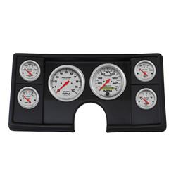 Gauge Kit, Ultra-Lite, Analog, Silver Face, Speedometer, Tach, Oil, Water, Volt, Fuel, Black Numbers, Red Pointers, Black Panel, Chevy, Kit
