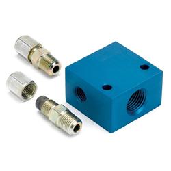 Manifold, Transmission Temp Block, Aluminum, Blue, 1/2 in.-14 NPT, 5/16 in. Tubing, 2 x 2. x 1.25 in. Kit