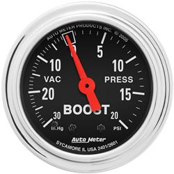 Gauge, Traditional Chrome, Boost/Vacuum, 30 in. Hg/20 psi, 2 1/16 in., Analog, Mechanical, Each