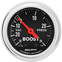 Gauge, Traditional Chrome, Boost/Vacuum, 30 in. Hg/30 psi, 2 1/16 in., Analog, Mechanical, Each