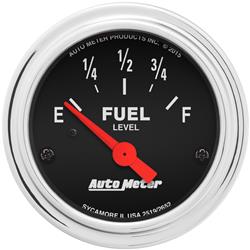 Gauges, Traditional Chrome Analog Gauges, Fuel Level, Empty-Full, 2 1/16 in., Black Face, White Numbers, Chrome Bezel, Electrical, Each