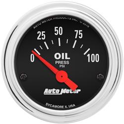 Gauge, Traditional Chrome, Oil Pressure, 0-100 psi, 2 1/16 in., Analog, Electrical, Each
