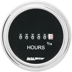 Gauge, Traditional Chrome, 2 1/16 in., Hourmeter, 0-99,999.9 Hours, 8-32 DC V, Black Face, Electrical, Each