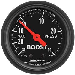 Gauge, Z-Series, Boost/Vacuum, 30 in. Hg/30 psi, 2 1/16 in., Analog, Mechanical, Each