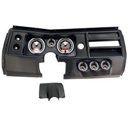 Gauge Kit, American Muscle, Analog, Silver Face, Speedo, Tach, Oil, Water, Volt, Fuel, White Numbers, Red Pointers, Black Panel, Chevy, No Vent, Kit