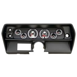 Gauge Kit, American Muscle, Analog, Silver Face, Speedo, Tach, Oil, Water, Volt, Fuel, White Numbers, Red Pointers, Black Panel, Chevy, Kit