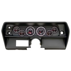 Gauge Kit, Sport-Comp II, Analog, Black Face, Speedometer, Tach, Oil, Water, Volt, Fuel, White Numbers, Red Pointers, Black Panel, Chevy, Kit