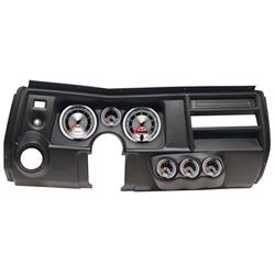 Gauge Kit, American Muscle, Analog, Silver Face, Speedo, Tach, Oil, Water, Volt, Fuel, White Numbers, Red Pointers, Black Panel, Chevy, Vent, Kit