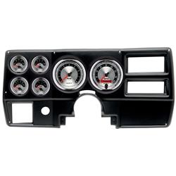 Gauge Kit, American Muscle, Analog, Silver Face, Speedo, Tach, Oil, Water, Volt, Fuel, White Numbers, Red Pointers, Black Panel, Chevy, With A/C, Kit
