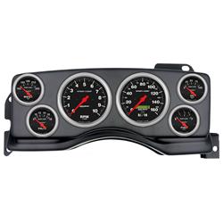 Gauge Kit, Sport-Comp, Analog, Black Face, Speedometer, Tach, Oil, Water, Volt, Fuel, White Numbers, Red Pointers, Black Panel, Ford, Kit