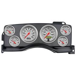 Gauge Kit, Ultra-Lite, Analog, Silver Face, Speedometer, Tach, Oil, Water, Volt, Fuel, Black Numbers, Red Pointers, Black Panel, Ford, Kit
