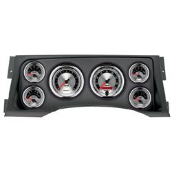 Gauge Kit, American Muscle, Analog, Silver Face, Speedometer, Tach, Oil, Water, Volt, Fuel, White Numbers, Red Pointers, Black Panel, Chevy, GMC, Kit