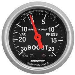 Gauge, Sport-Comp, Fuel Saver Vacuum, 30 in. Hg/20 psi, 2 1/16 in., Analog, Mechanical, Each