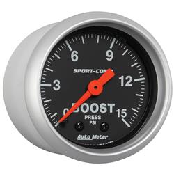 Gauge, Sport-Comp, Boost Pressure, 0-15 psi, 2 1/16 in., Black Face, Analog, Mechanical, Each