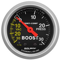 Gauge, Sport-Comp, Boost/Vacuum, 30 in. Hg./30 psi, 2 1/16 in., Analog, Mechanical, Each