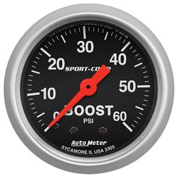 Gauge, Boost Pressure, 0-60 psi, 2 1/16 in., Analog, Mechanical, Black Face, Each